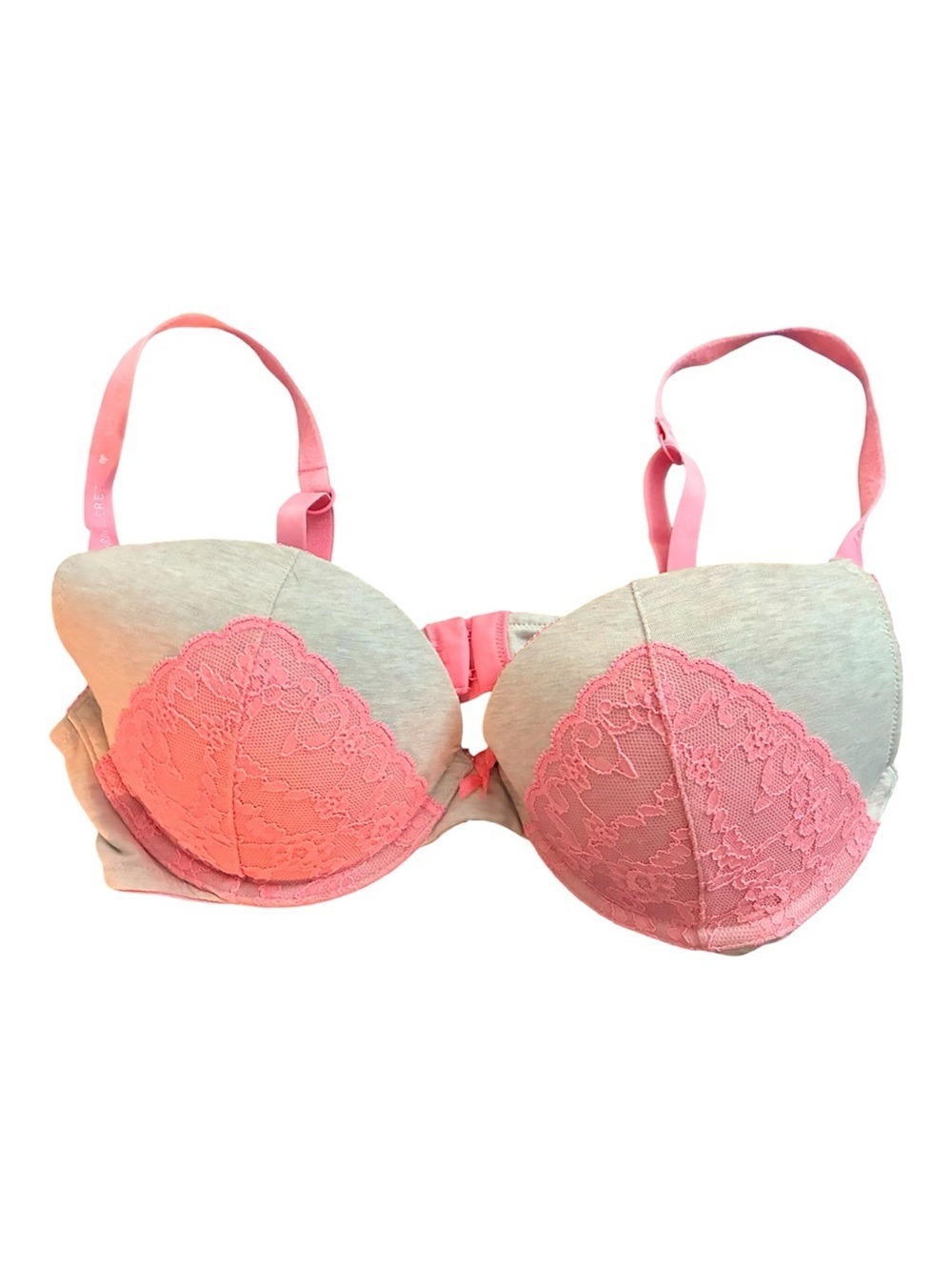 NWOT Victoria Secret Bra 36C Lace Push-Up Cotton Overlay Grey Pink Cute